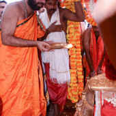 Shri Swamiji offering mangalarati to Lord Narasimha kept in decorated Golden panaquin
